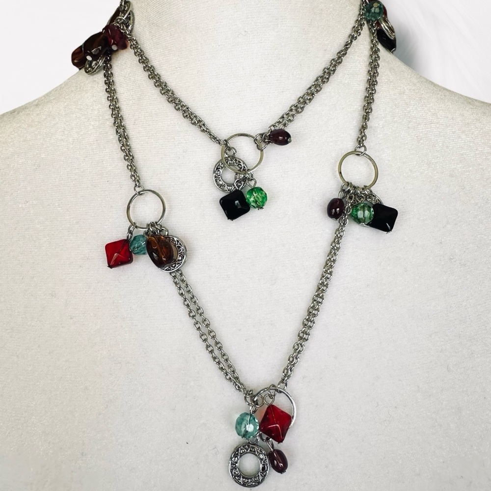 Chico's Red, Green, Purple and Silver Tone Necklace with Glass Beads and Charms - Picture 2 of 6